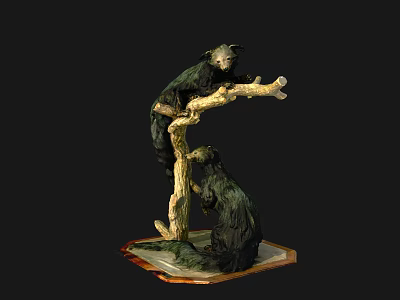 Black Animal Sculptures Climbing Tree Branch With Lower Sitting Figure On Red Border Base 3d model