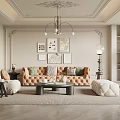 Luxurious Living Room With Beige Walls Decorative Ceiling Chandelier Framed Art And Orange Tufted Sofa