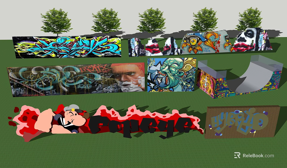 Colorful Graffiti Feature Wall With Urban Art And Green Trees In Background 3d model 