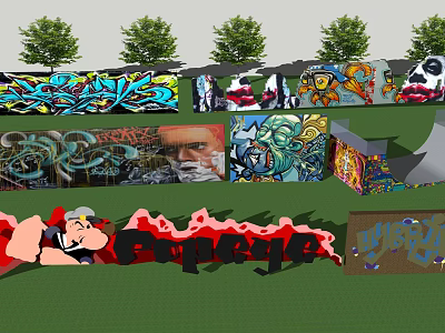 Colorful Graffiti Feature Wall With Urban Art And Green Trees In Background 3d model