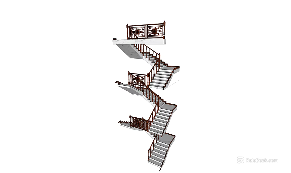 Modern Staircase With Wooden Railings And Multi Level Steps Structure 3d model