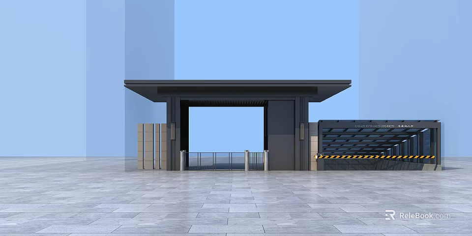 Modern Entrance Gate With Canopy Columns And Barrier Gate On Tile Floor 3d model 
