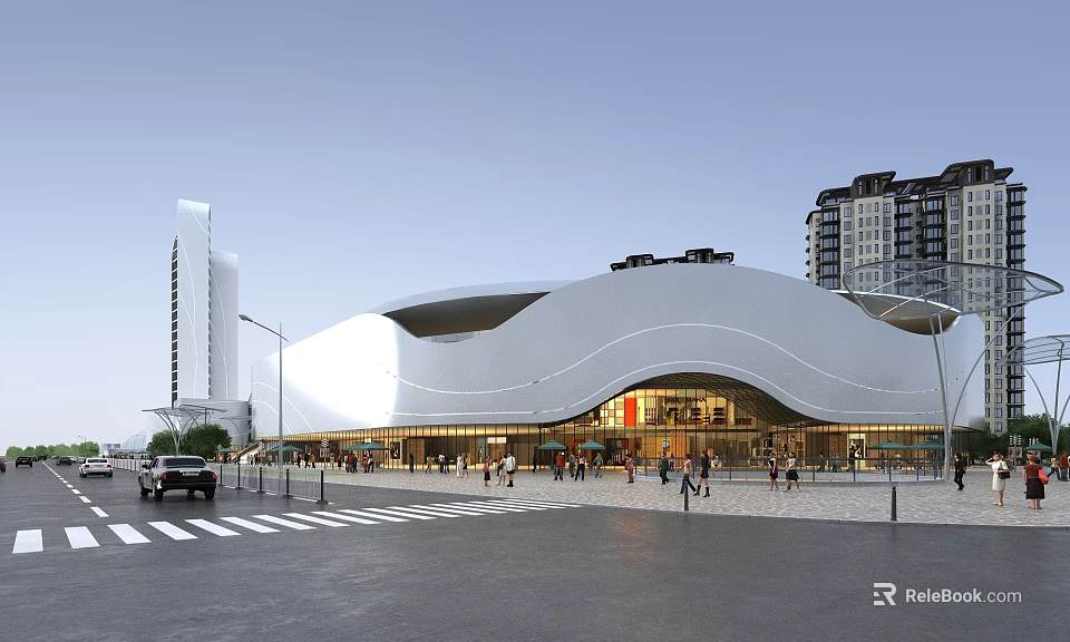 Modern Commercial Complex With White Curved Roof And Pedestrians Near High-Rise Buildings 3d model 