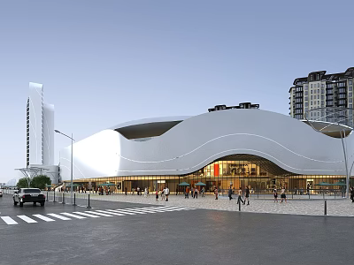 Modern Commercial Complex With White Curved Roof And Pedestrians Near High-Rise Buildings 3d model