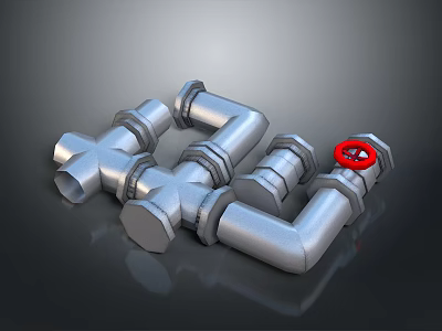 Silver Home Plumbing Fittings With Multiple Elbows Tees And Red Knob 3d model