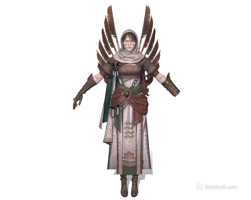 Detailed Winged Female Fantasy Character In Ornate Robe With Armor Veil And Belt 3d model 
