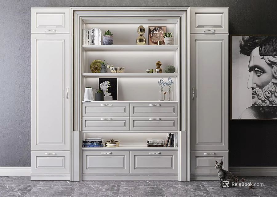 Modern White Decorative Cabinet With Open Shelves Drawers And Decorative Items 3d model 