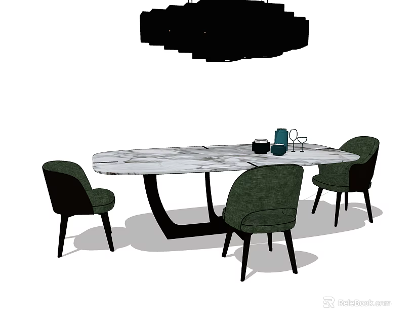 Elegant Marble Dining Table Set With Four Green Upholstered Chairs 3d model