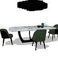 Elegant Marble Dining Table Set With Four Green Upholstered Chairs 3d model
