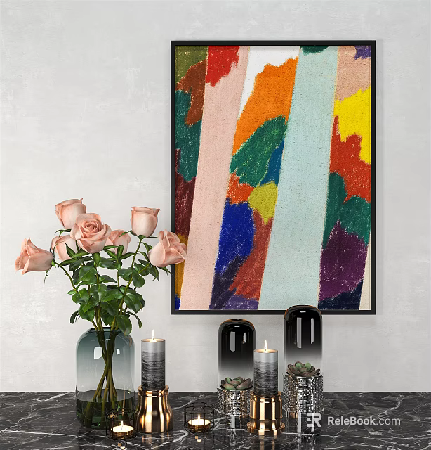 Vibrant Abstract Painting With Pink Roses In Vase And Decorative Candles 3d model 