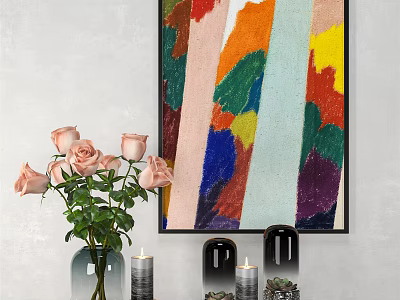 Vibrant Abstract Painting With Pink Roses In Vase And Decorative Candles 3d model