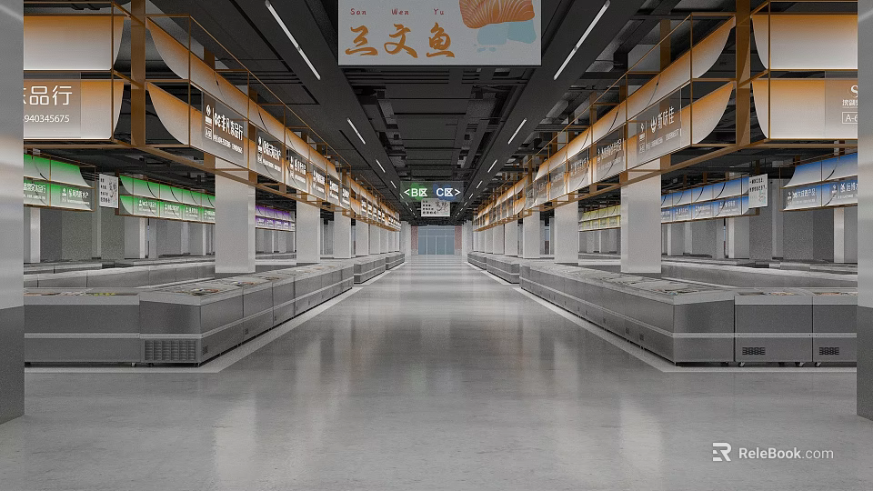 Spacious Retail Market Interior With Hanging Signs Clean Stalls And Sleek Floor 3d model 