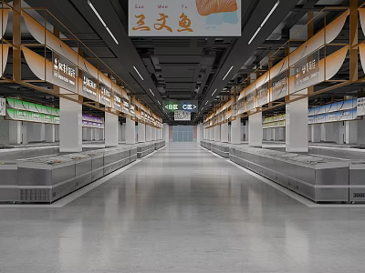 Spacious Retail Market Interior With Hanging Signs Clean Stalls And Sleek Floor 3d model