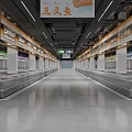 Spacious Retail Market Interior With Hanging Signs Clean Stalls And Sleek Floor