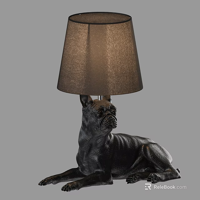 Black French Bulldog Resin Base Table Lamp With Gray Fabric Shade 3d model 