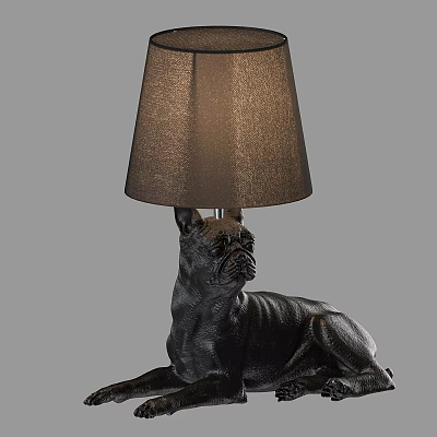 Black French Bulldog Resin Base Table Lamp With Gray Fabric Shade 3d model
