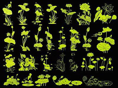 Different Types of Aquatic Plants Illustration Set With Lotus And Lily Pads 3d model