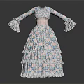 Elegant Vintage Floral Dress with Ruffled Bell Sleeves Fitted Corset Bodice and Layered Ruffled Skirt