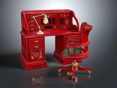 Red Dressing Table With Decorative Drawers Lamp And Green Cushioned Chair 3d model