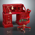 Red Dressing Table With Decorative Drawers Lamp And Green Cushioned Chair