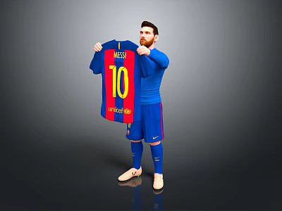 Man In Blue Sports Outfit Holding Messi 10 Barcelona Football Jersey 3d model