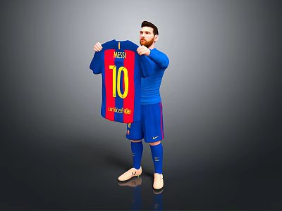 Man In Blue Sports Outfit Holding Messi 10 Barcelona Football Jersey 3d model Man In Blue Sports Outfit Holding Messi 10 Barcelona Football Jersey 3d model