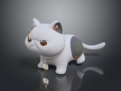 White Cat Plush Toy With Gray Spots Green Eyes Bell And Reflection On Dark Surface 3d model