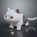 White Cat Plush Toy With Gray Spots Green Eyes Bell And Reflection On Dark Surface