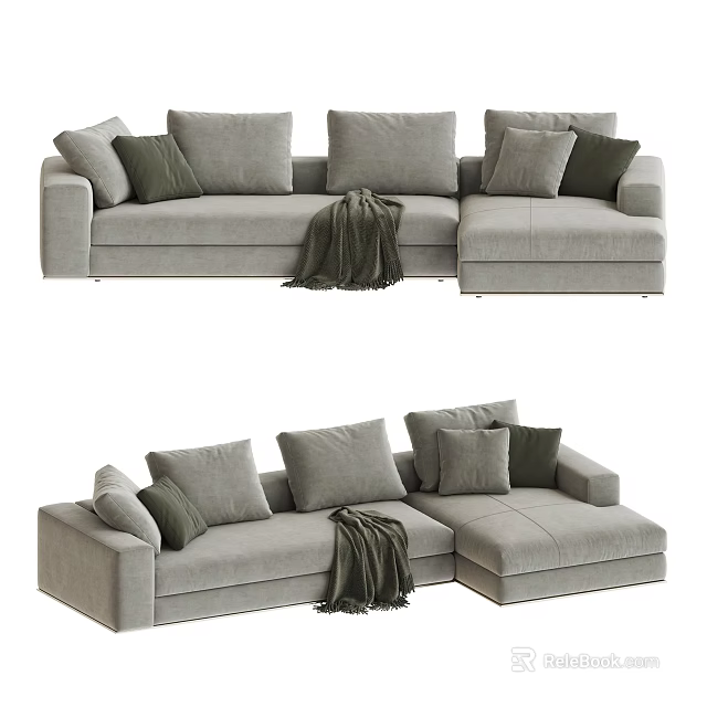 Modern Gray Sectional Sofa with Multiple Plush Cushions and Cozy Throw Blanket 3d model