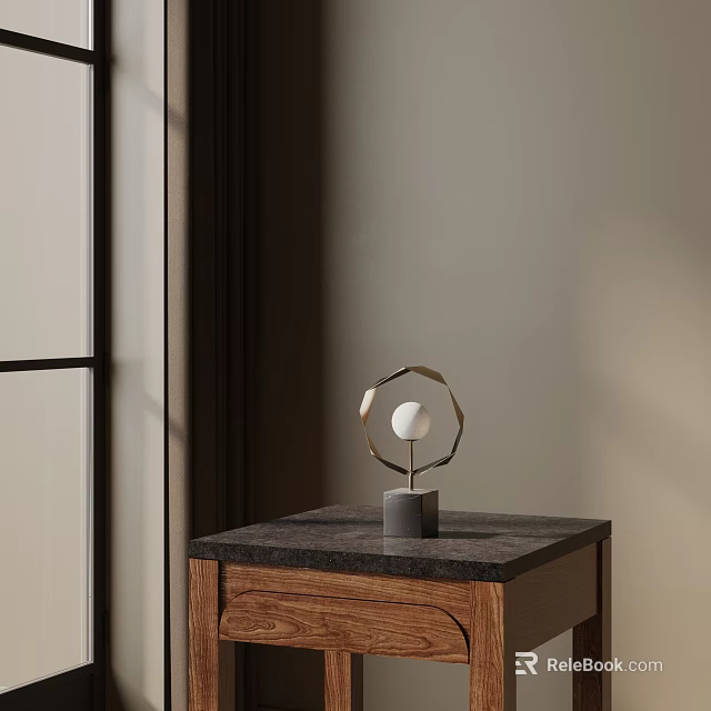Modern Table Lamp with Geometric Gold Frame White Sphere Gray Base on Bedside Table 3d model 