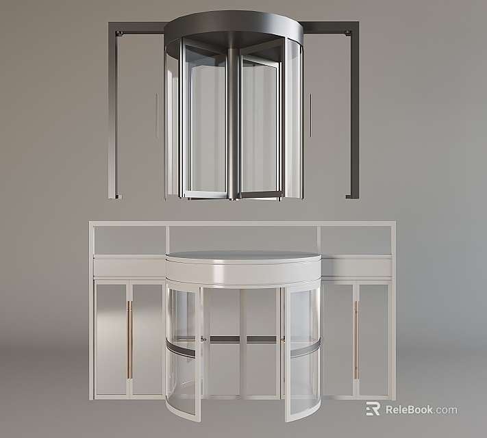 Modern Glass Revolving Door With Transparent Panels Metal Frames And White Counter Structure 3d model 