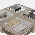 Modern Wooden Dining Table With Multi Layer Compartments Displaying Books And Stone Ornaments