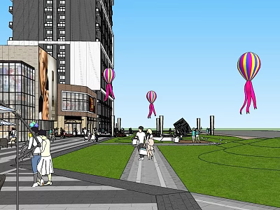 Modern Urban Commercial Landscape With High rise Buildings Plaza Lawn And Hot Air Balloons 3d model