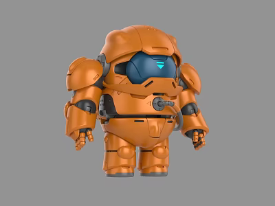 Cute Orange Armored Robot Character With Blue Display And Rounded Armor Design Features 3d model