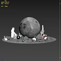 Full Moon Scene With Rabbits Rocket And Rocks On Lunar Surface 3d model