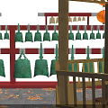 Traditional Pavilion with Red Lanterns Yellow Ginkgo Trees Autumn Leaves Stone Path Umbrella Rabbit Decoration