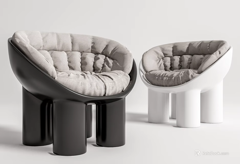 Modern Leisure Chair With Black White Cylindrical Base And Gray Quilted Cushion 3d model 