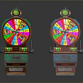 Vibrant Casino Slot Machines Featuring Colorful Spinning Wheels and Green Top Decorations on Gray Background