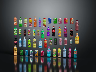 Collection of Colorful Assorted Beverage Bottles With Various Shapes And Reflections 3d model