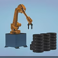 Industrial Robotic Arm Equipment Efficiently Lifting Stacked Tires In Factory