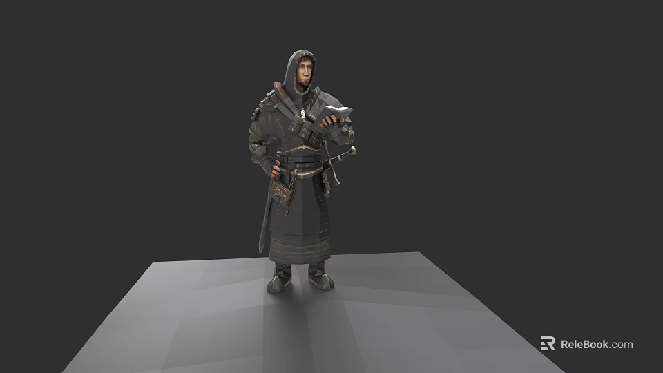 Game Movie Character Standing On Gray Platform In Hooded Robe With Armor 3d model 