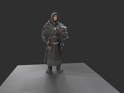 Game Movie Character Standing On Gray Platform In Hooded Robe With Armor 3d model
