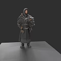 Game Movie Character Standing On Gray Platform In Hooded Robe With Armor