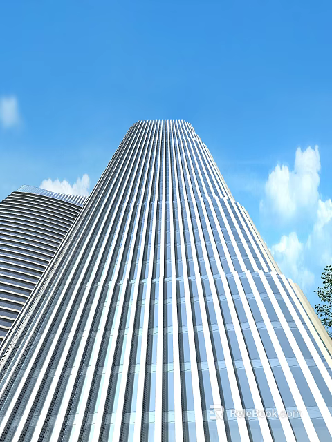 Modern Tall Office Building With Glass Curtain Wall And Blue Sky Background 3d model 