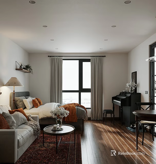 Cozy Apartment Interior With Bed Sofa Piano And Large Window With Curtains On Wooden Floor 3d model 