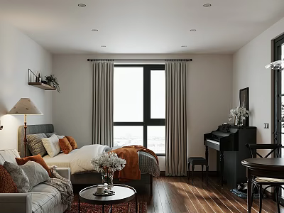Cozy Apartment Interior With Bed Sofa Piano And Large Window With Curtains On Wooden Floor 3d model