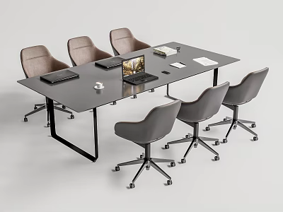 Modern Black Conference Table With Six Gray Chairs Laptop Documents And Coffee Cup 3d model