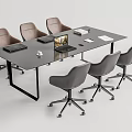 Modern Black Conference Table With Six Gray Chairs Laptop Documents And Coffee Cup
