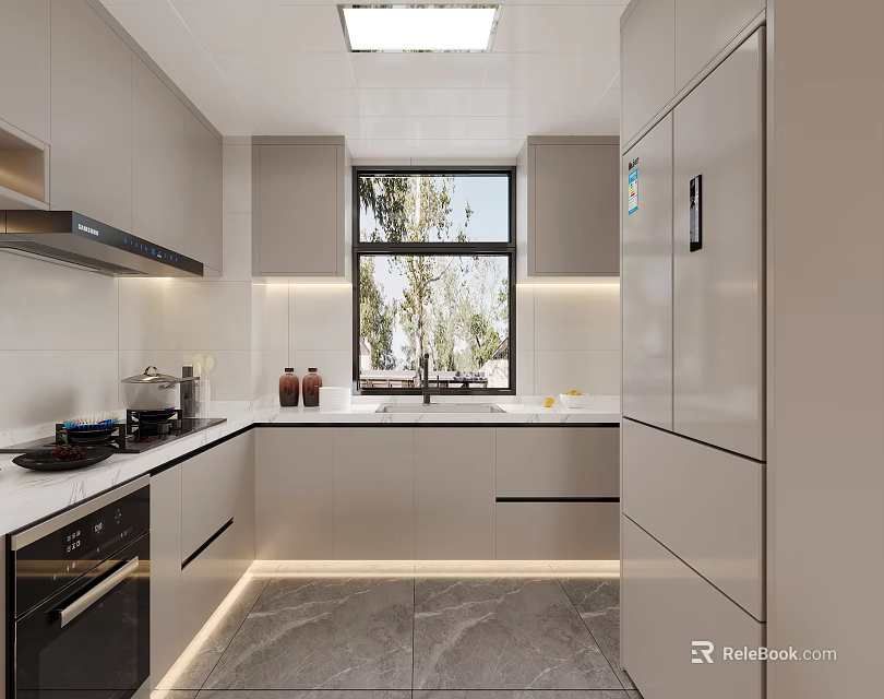 Modern Kitchen Interior With White Cabinets Countertop Window Stove Oven And Lighting 3d model 