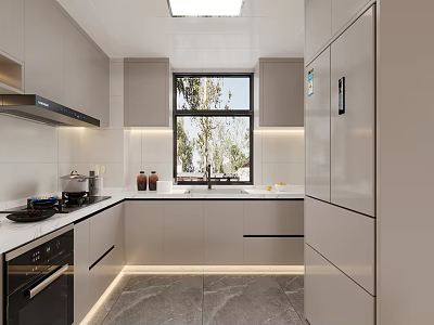 Modern Kitchen Interior With White Cabinets Countertop Window Stove Oven And Lighting 3d model